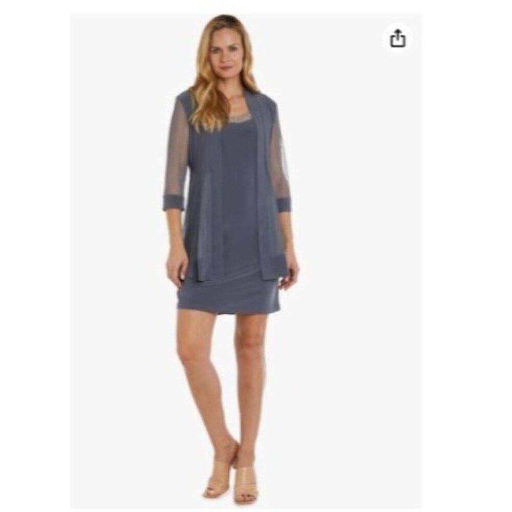 R&M Richards Sleeveless Beaded Neckline Shift Dress Size 6  Gray Women's